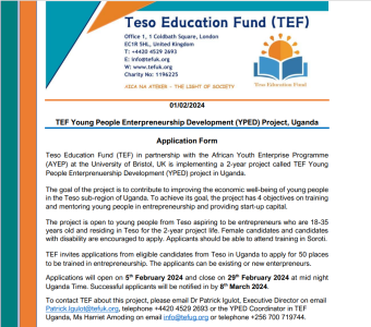 TEF Young People Entrepreneurship Development (YPED) Project, Uganda