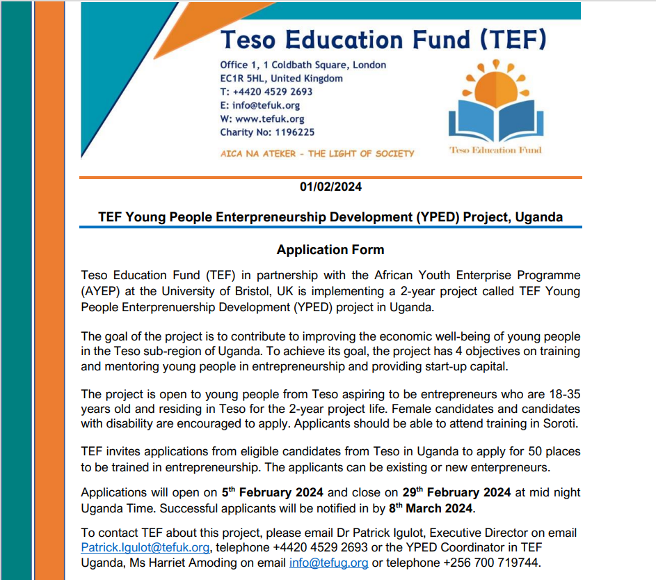 TEF Young People Entrepreneurship Development (YPED) Project, Uganda